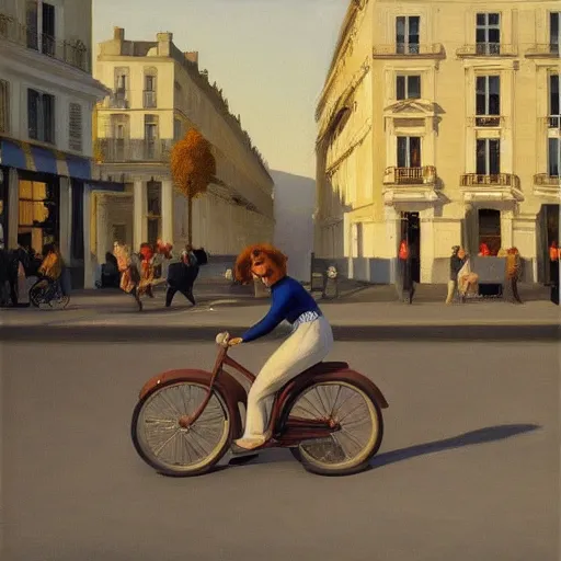 Prompt: young puppy riding a bike in paris. edward hopper. faithfully depicted, sharp focus, global illumination, radiant light, detailed and intricate environment, trending on artstation