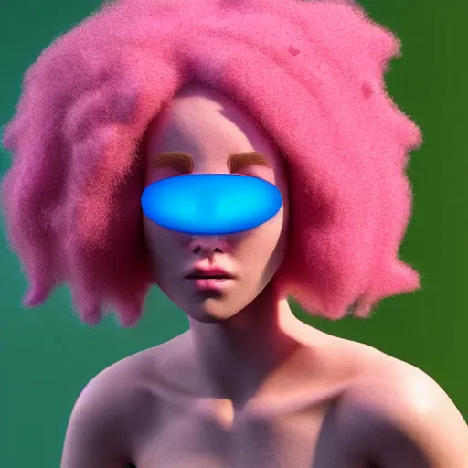 Image similar to a cyclops girl with a blue eye. pink afro hair. big mouth. 4k. ultrarealistic. render in octane