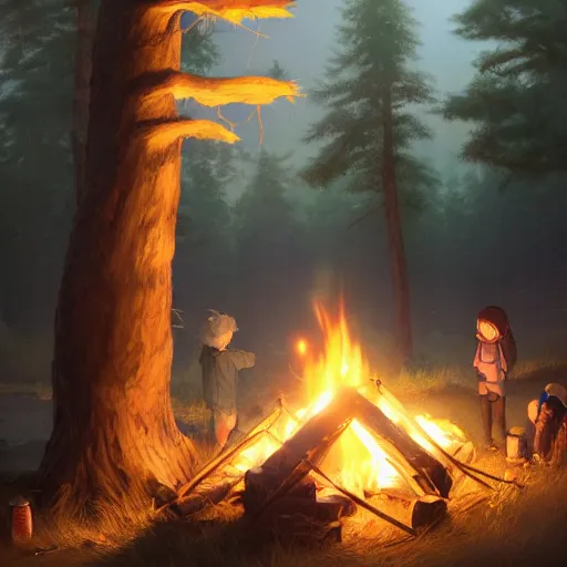 Image similar to yuru camp anime campfire hyperdetailed blue eyes, trending on artstation, cinematic lighting, highly realistically detailed, trending on pixiv , Unreal Engine 4k, detailed faces, manga cover, official anime key visual by greg rutkowski