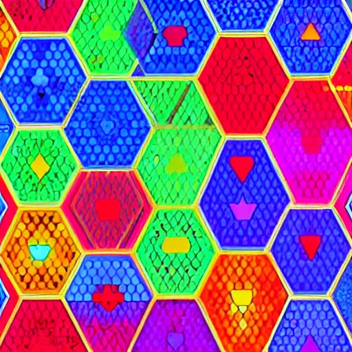 Image similar to a colorful hexagon pattern with hearts on it, a computer rendering by victor vasarely, pixabay, kinetic pointillism, symmetrical, geometric, repeating pattern