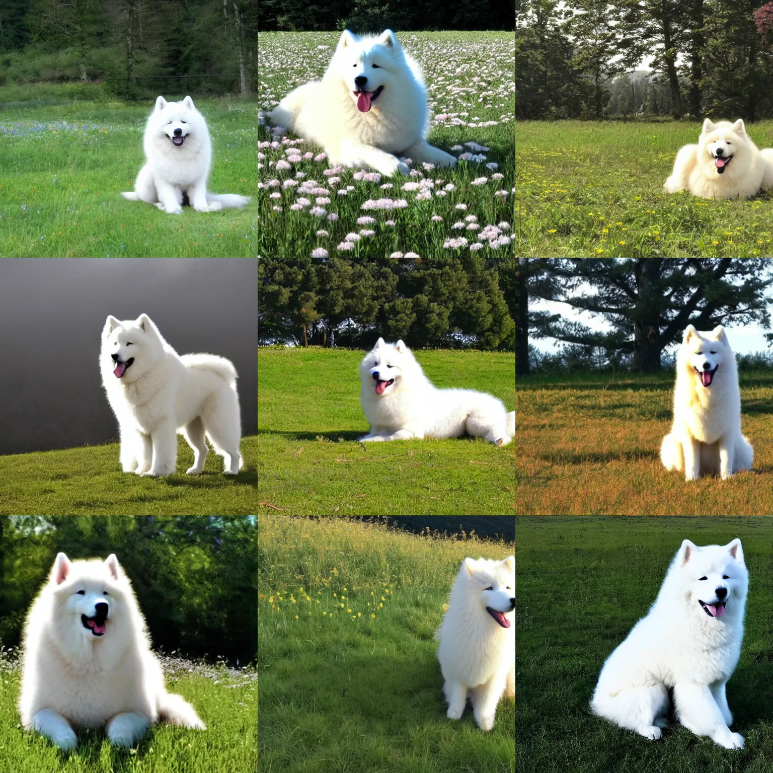 Prompt: a samoyed dog sitting in the middle of sunny meadow, by Hideaki Anno