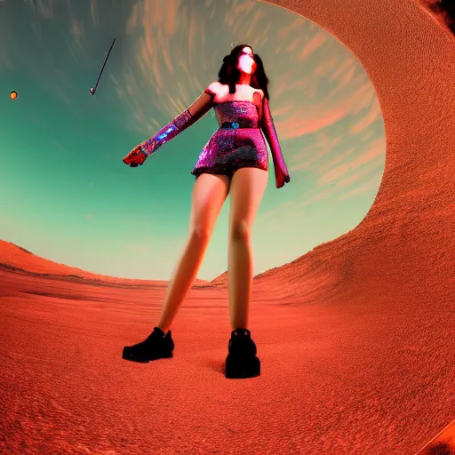 Prompt: A wide angle shot from below of a feminine body walking with swagger towards camera on mars in an infinite universe , synthwave digital art