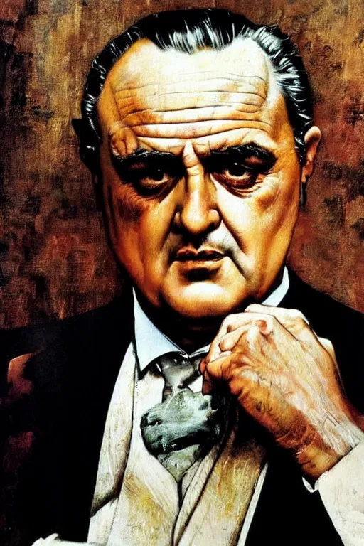 Prompt: Don Vito Corleone painted by Norman Rockwell