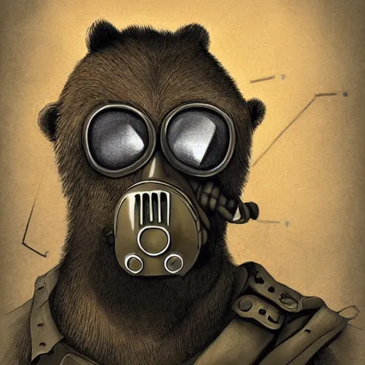 Image similar to portrait of bear beast-man wearing a gas mask, digital art, concept art, highly detailed, sharp focus