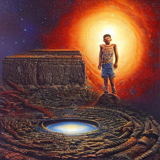 Prompt: an epic 8 k resolution painting of a black boy exploring the temple of the alien gods at the end of the universe, by bob eggleton