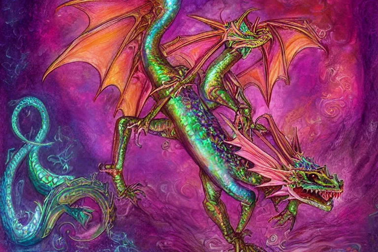 Prompt: full body digital illustration of a cute iridescent magenta baby dragon by Josephine Wall, concept art, matte background, deviantArt, artstation