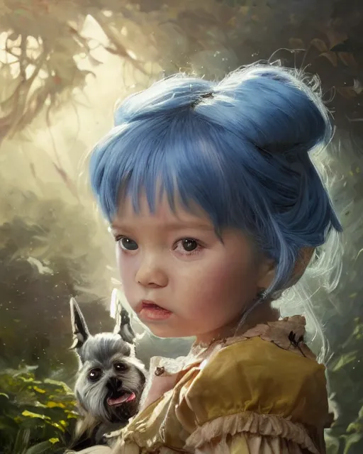 Image similar to a highly detailed oil painting of A little girl, in professional makeup, with medium length blue hair covering an eye, and a garden with dog, and large obsidian crystals, cinematic lighting, dramatic atmosphere, by Dustin Nguyen, Akihiko Yoshida, Greg Tocchini, Greg Rutkowski, Cliff Chiang, 4k resolution, trending on artstation