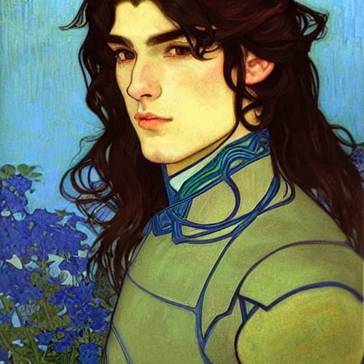 Image similar to portrait painting of young handsome beautiful paladin elf!! man with long! wavy dark hair in his 2 0 s named taehyung minjun adam at the blueberry party, wearing armor!, long hair, elf ears, blue eyes, blueeyes!, elegant, delicate, soft facial features, art, art by alphonse mucha, vincent van gogh, egon schiele,