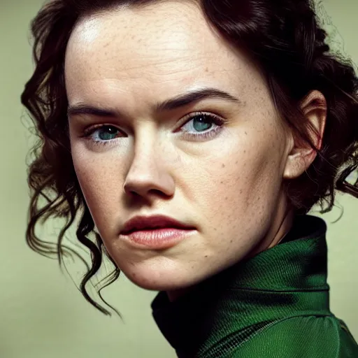 Image similar to a still of daisy ridley a beautiful model looking off into the distance, wavy medium - length brown hairs, jedi dress, beautiful green eyes, medium shot, with a soft, natural light falling on her face. the focus is on her eyes and brows, which are perfectly shaped and well - defined. by annie leibowitz