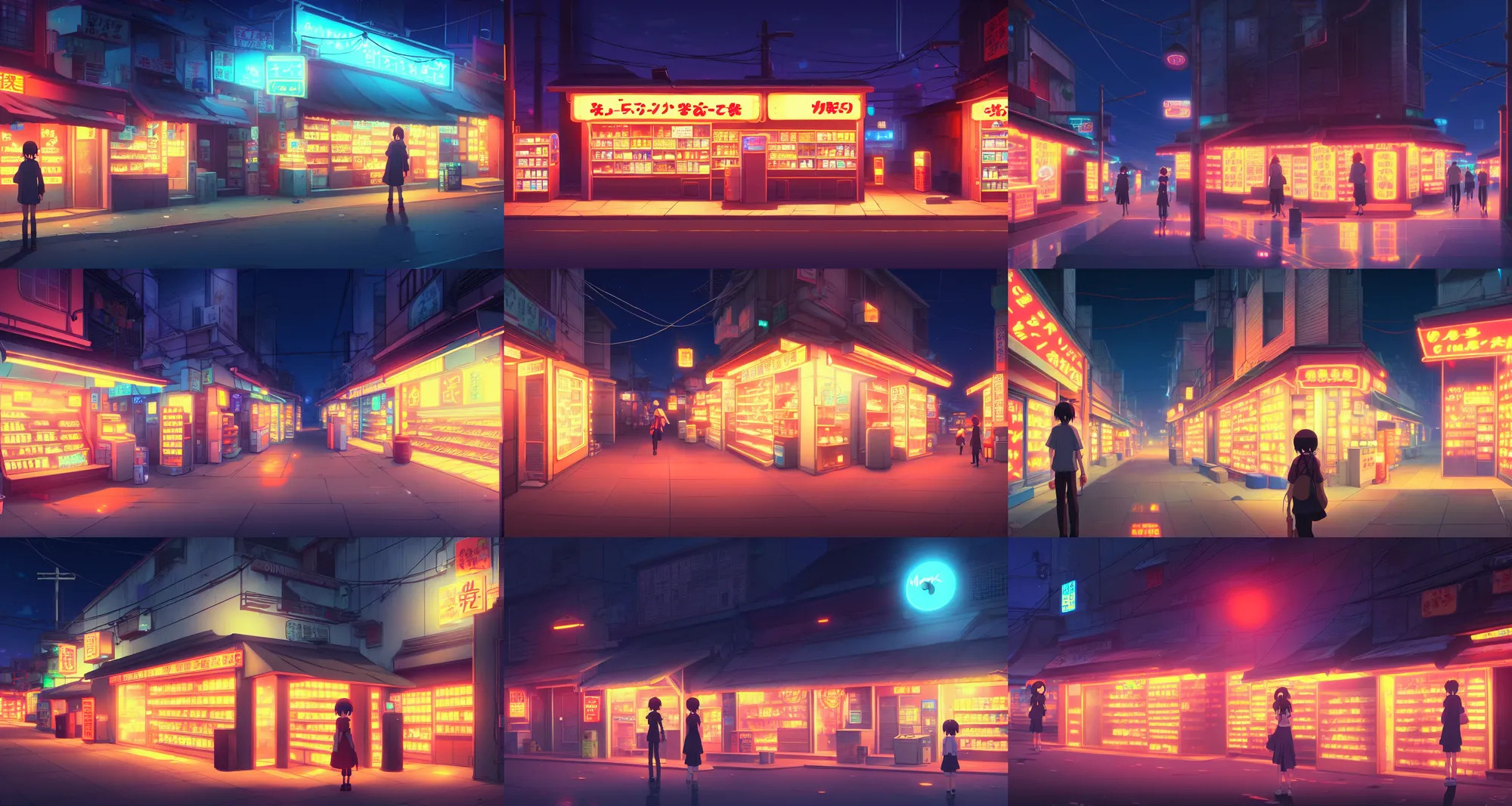 Prompt: glowing convenience store on a dark back alley, night time, anime by makoto shinkai, 4 k