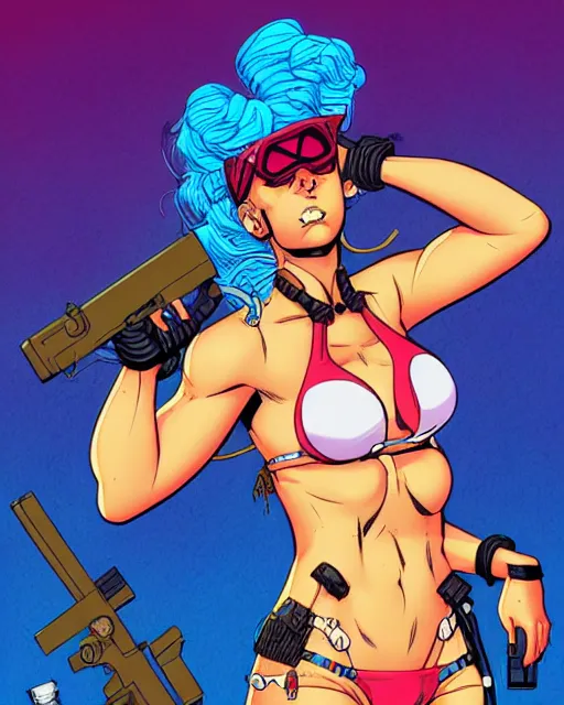 Image similar to comic cover art of a bikini - clad guerilla, inspired by gunsmith cats and tank girl, illustration by jenny frison and sana takeda, intricate details, stunning inking lines, stunning gradient colors, 4 k, hd, artstation