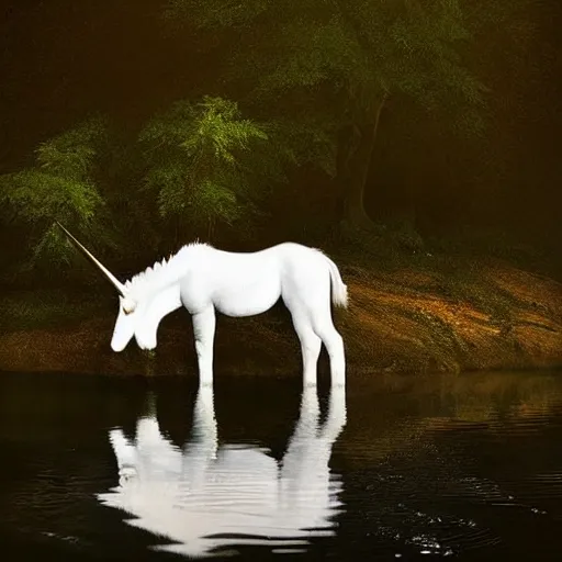 Image similar to amazing white unicorn photo drinking water from a lake while the moon shines on its beautiful fur by marc adamus, beautiful dramatic lighting