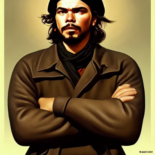 Prompt: portrait of che guevara eating hamburgers, extra onions and ketchup, luscious patty with sesame seeds, feminine ethereal, handsome, d & d, fantasy, intricate, elegant, highly detailed, digital painting, artstation, concept art, matte, sharp focus, illustration, art by artgerm and greg rutkowski and alphonse mucha