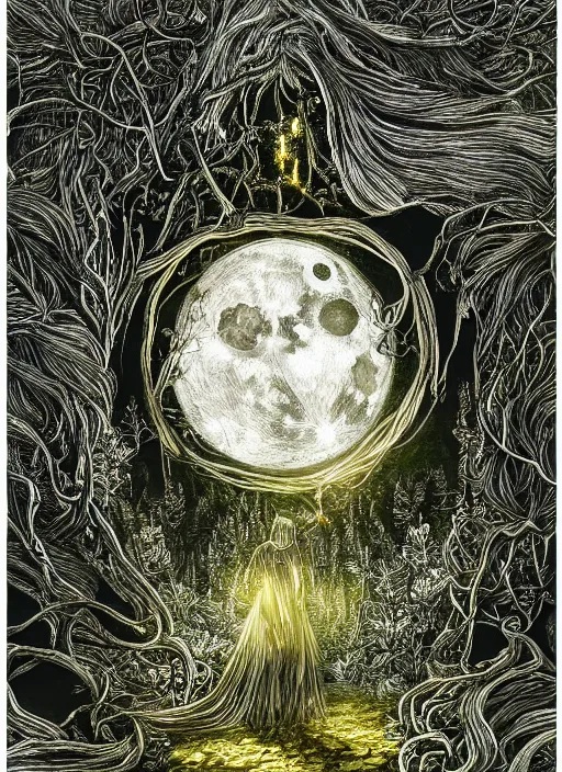 Prompt: glowing silver and golden elements, full close-up portrait, pen and ink crow, book cover, green forest, white moon, establishing shot, extremly high detail, photo-realistic, cinematic lighting, pen and ink, intricate line drawings, by Yoshitaka Amano, Ruan Jia, Kentaro Miura, Artgerm, post processed, concept art, artstation, matte painting, style by eddie mendoza, raphael lacoste, alex ross