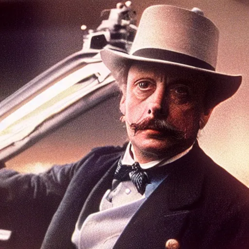 Prompt: hg wells sitting in a delorean time machine cinematic dramatic 3 5 mm 8 k