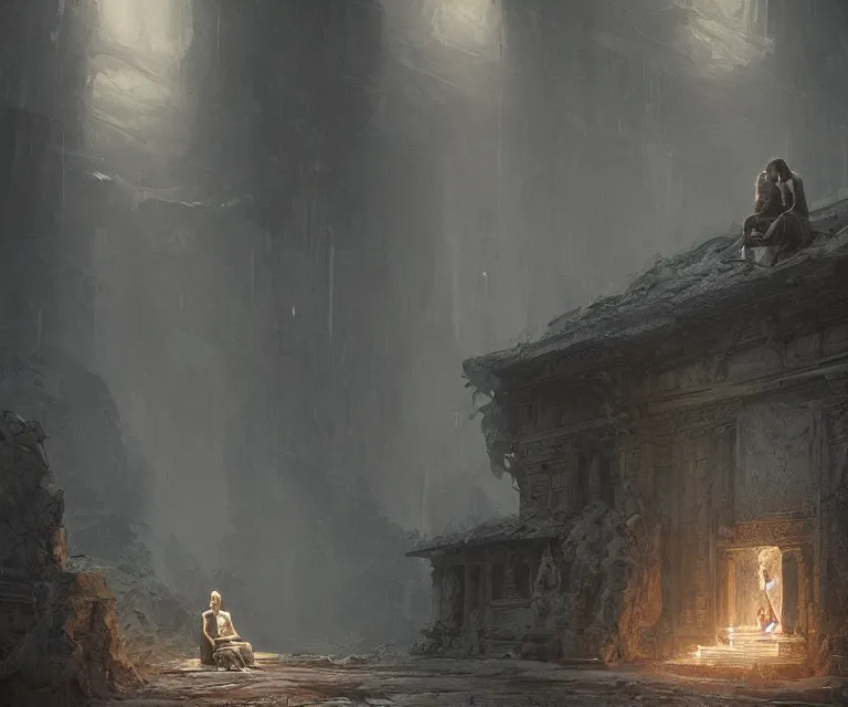 Image similar to lonely wanderer sitting at lap in abandoned rustic temple, lit by the light of gods, abandoned by gods, hyperdetailed artstation cgsociety by greg rutkowski and by Gustave Dore