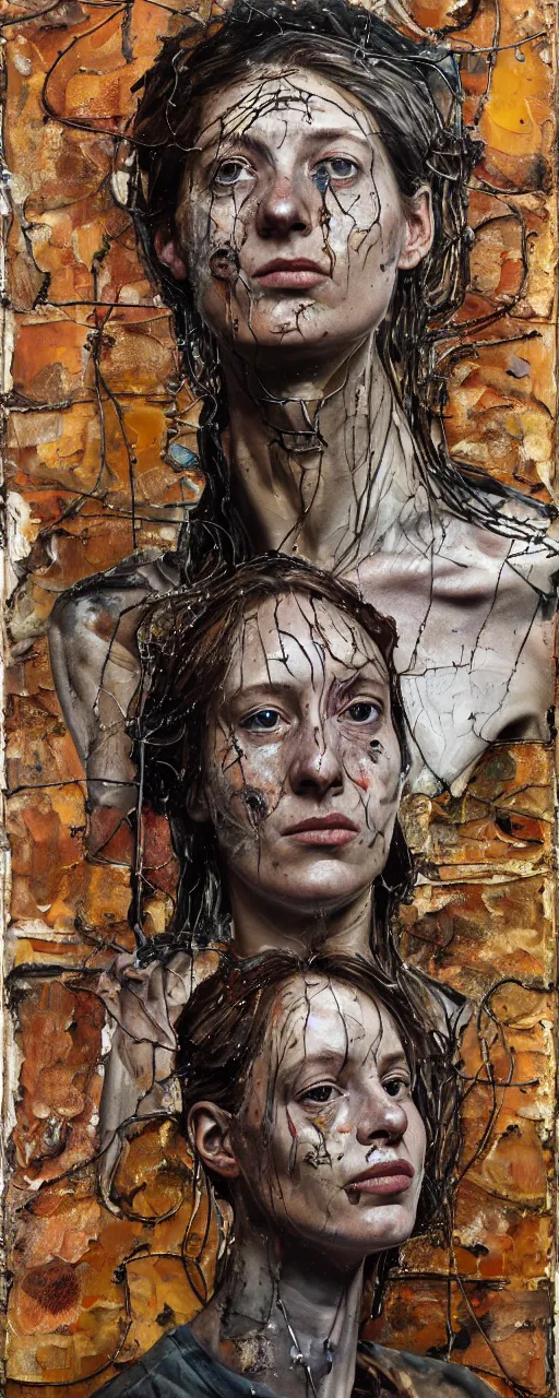 Prompt: a full length portrait of a very ordinary young woman with a distracted expression, Anselm Kiefer and Lucian Freud and Jenny Saville, oil painting, rust, Scaffolding, rusted metal and sunflowers, iron cladding, decay, mixed media, textured, anatomically correct, beautiful perfect face, visible brushstrokes, sharp focus, twisted wire, Highly Detailed, nails, photographic emulsion cracked and peeling, Cinematic Lighting, 8k, HD