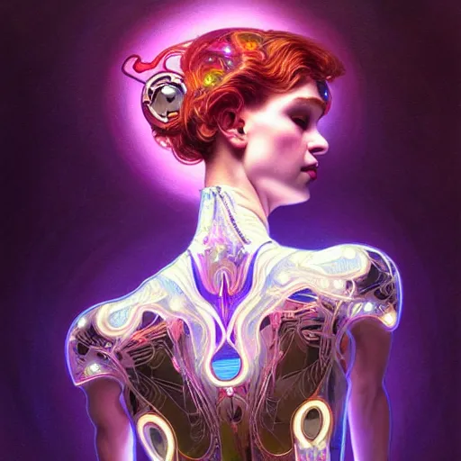 Image similar to psychedelic organic cyborg ballerina, white holographic plastic, backlit spotlight, fantasy, intricate, elegant, highly detailed, lifelike, photorealistic, digital painting, artstation, illustration, smooth, sharp focus, art by john collier and albert aublet and krenz cushart and artem demura and alphonse mucha