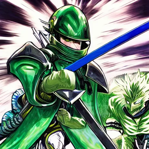 Image similar to knight in green car, blue armor, gold sword, dragon attack, low angle, action, manga panel, Murata