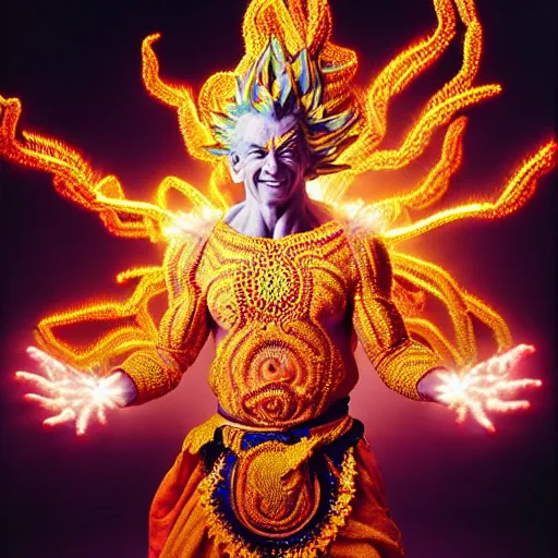 Prompt: uhd photorealisitc candid photo of a cosmic gogeta powering up. intricate details. ornate costume. glowing, powering up. hyperdetailed, accurate, studio lighting. correct face. photo by annie leibowitz and steve mccurry