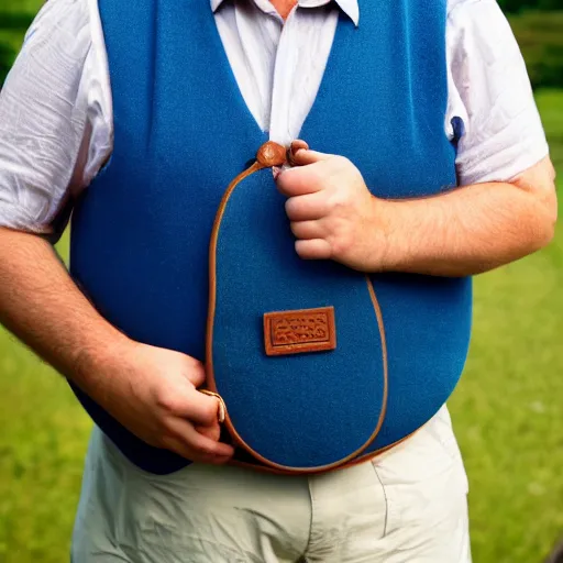 Prompt: close up headshot of a frowning clean shaven pudgy British lad with short curly dark brown hair as a hobbit wearing a white men's crossbody sling chest bag and blue vest, blue vest!! white crossbody chestbag!! high resolution film still, by Jeff Bark