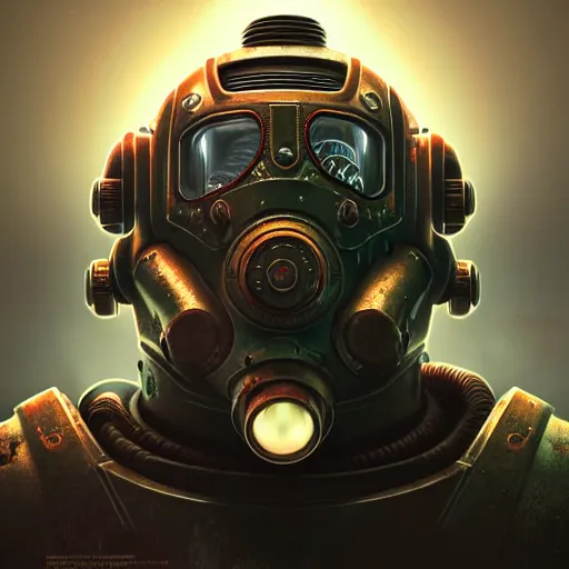 Image similar to perfectly - centered!! looking at the camera!!! low - angle!! portrait of fallout brotherhood in power armor intricate abstract upper body intricate artwork, by tooth wu, wlop, beeple, dan mumford. concept art, octane render, deviantart, greg rutkowski, cinematic arthouse, key art, hyper realism, iridescent accents