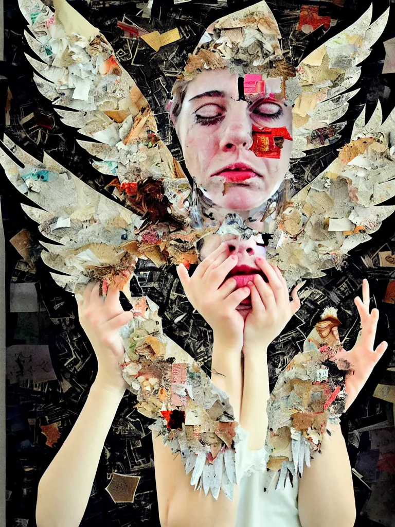 Image similar to a young adult angelgirl soft crying with lots of hands on her face and ratty feathered angel wings, stressed and burnt out, collage effect, collaged, torn paper, torn paper collage, overexposure, overexposed, high exposure