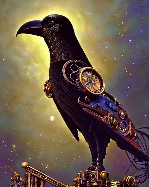 Image similar to a stunning fantasy portrait of an art - deco mechanical steampunk crow, closeup | highly detailed | very intricate | disney | artdeco steampunk | dramatic magical | bokeh moon stars | professional cinematic lighting | award - winning | painted by beeple and donato giancola and rhads | richcolor palette | featured on artstation