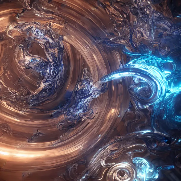 Prompt: swirling abstract cyborg parts and ornate flowing smoke streams and smooth particle effects surround a small metallic spiral, cinematic, unreal engine