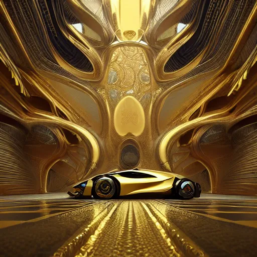 Image similar to cyber gold, slick, supercar : by michal karcz, daniel merriam, victo ngai and guillermo del toro : ornate, dynamic, particulate, intricate, elegant, highly detailed, centered, artstation, smooth, sharp focus, octane render