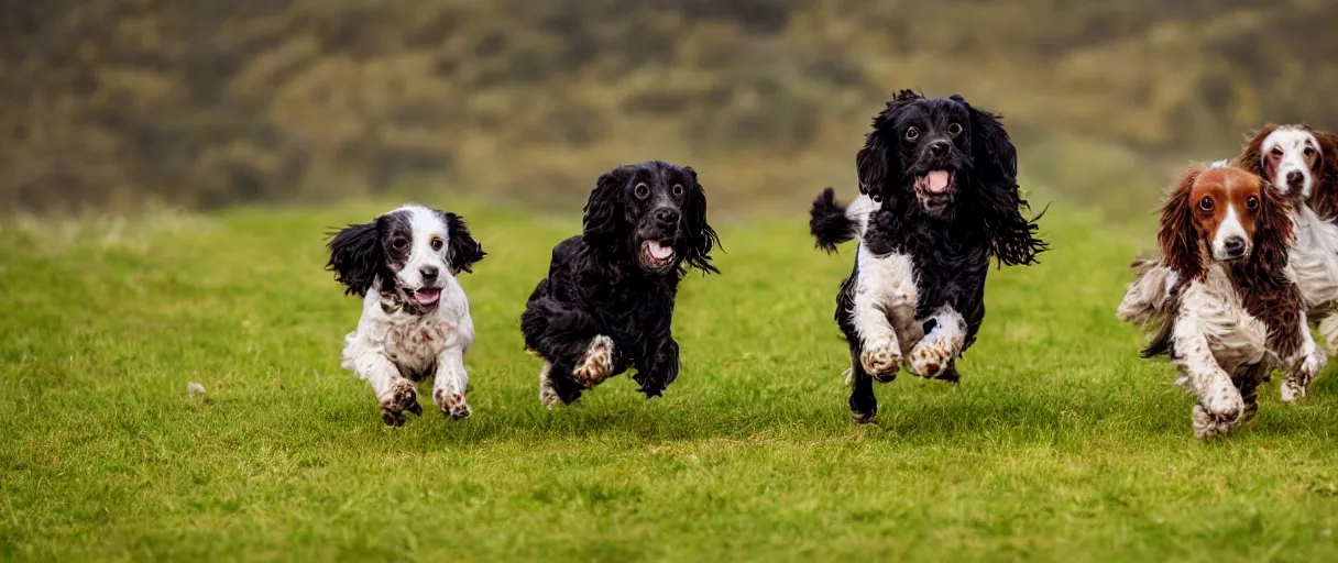 Image similar to Two spaniel dogs running, one very light brown spaniel dog white hair chest and one is a black spaniel dog with white hair chest running in a meadow low angle realism coherent focus epic background 4k