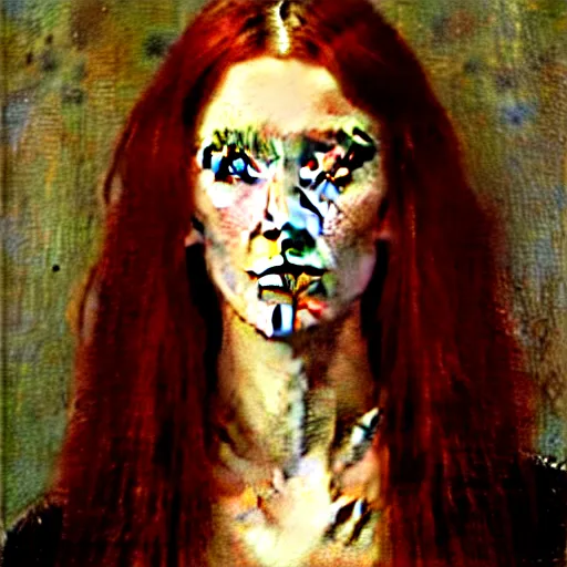 Prompt: A John Collier painting of a striking Pre-Raphaelite witch with intense eyes and bright red hair