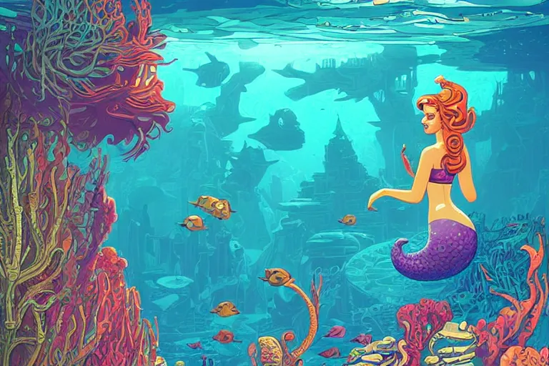 Prompt: a beautiful mermaid looking at the sunken city of Atlantis under water, rays of sunlight, stunning undersea grand architecture in the style of Joe Fenton, art style by Tom Whalen and Noah Bradley and Alena Aenami and Jeremiah Ketner and Dan Mumford