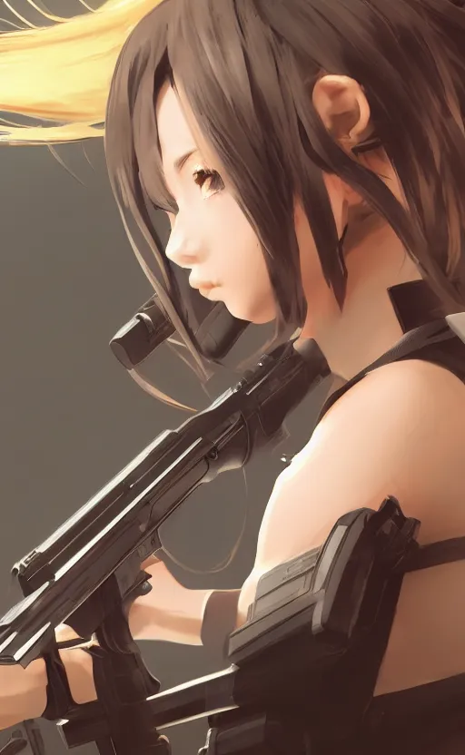 Image similar to highly detailed, high resolution, character design art, stunning, volumetric lightning, realistic guns, girls frontline style, matte, sharp focus, 150mm, illustration, artstation, by kuvshinov ilya, professional result, realistic anatomy, simple design, masterful coloring, single subject