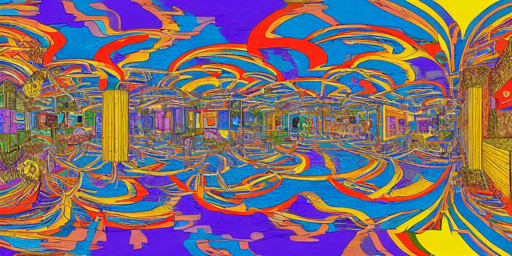 Image similar to colorful equirectangular room by escher