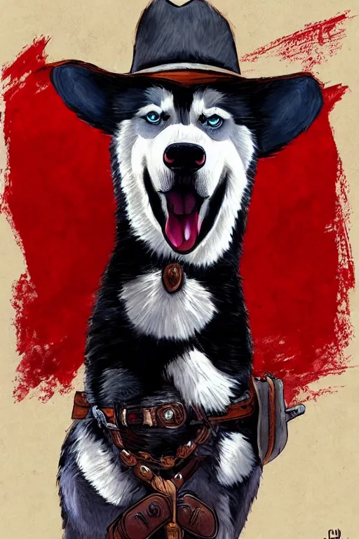 Prompt: a portrait painting of a husky in cowboy costume, wearing a cowboy hat, in the style of anime, [ western film ], [ red dead ], trending on artstation