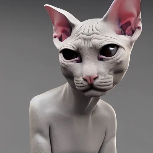 Image similar to Sphynx cat standing like a man, with pectoral muscles, wearing a fabric jacket, long tattoos on her hands, 3d render