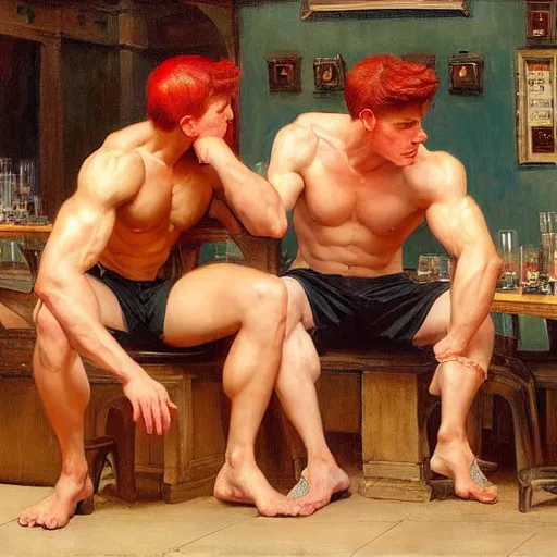 Image similar to attractive muscular male with red hair, and muscular attractive male with black hair, shorts, drinking their hearts out, in a pub. very defined and highly detailed painting by j. c. leyendecker, gaston bussiere, craig mullins 8 k