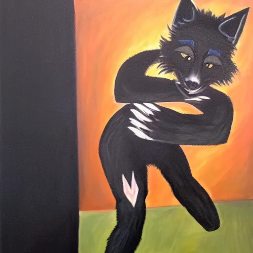 Image similar to portrait of a male anthro black fox furry fursona wearing a salsa dance suit, 1 9 7 0 s oil on canvas painting, by famous artist jylon denja