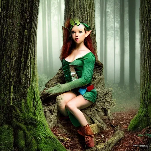 Prompt: Photo of a beautiful girl elf, into the forest in the Style of Mark Seliger