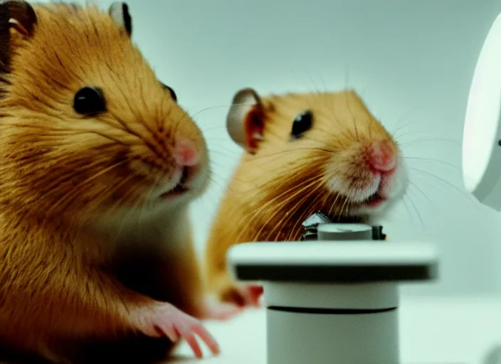 Image similar to film still of a hamster working in a research lab looking through a tiny microscope, 8 k