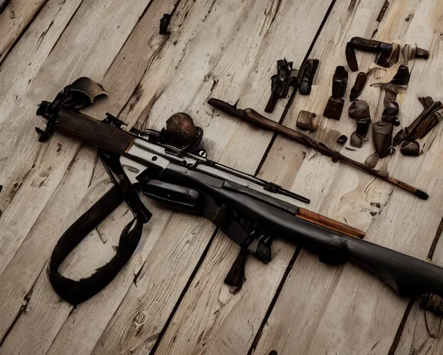 Image similar to Product photo of muzzleloaded flintlock AK47 from the site grabAgun, laid on a table, white background, ((((postapocalyptic)))). professional product photography, ((gunsmithing)), top down photo, 4k. high quality