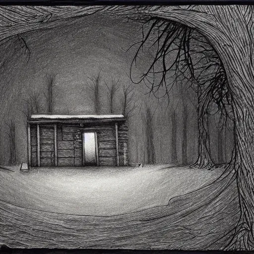 Image similar to a drawing of a eerie cabin in the middle of the woods in the style of beksinski