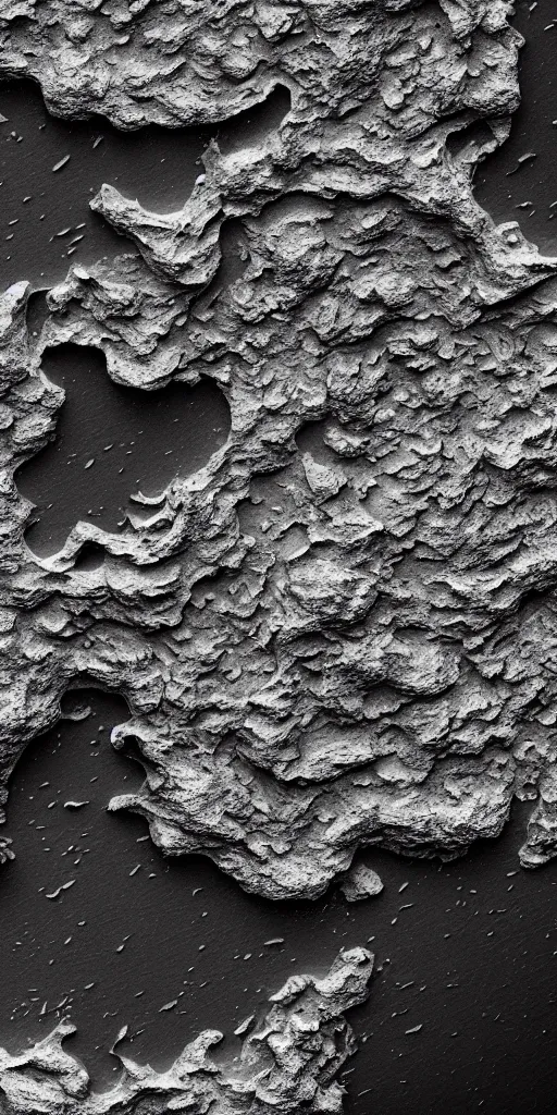 Image similar to a photorealistic render of a topographic island map, on a black background, greyscale, made of melted plastic and marble, c 4 d, by zhelong xu ouchh studio and ernst haeckel, wide angle, hyper realistic, plain black background, 8 k, volumetric lightning, octane render