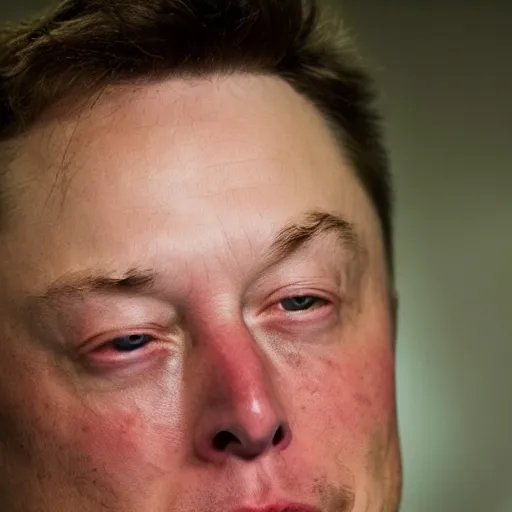 Image similar to voyeuristic cropped closeup of elon musk crying in a dimly lit cave, warm lighting, sony 5 0 mm lens