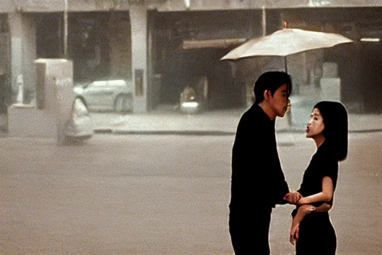 Prompt: wong kar wai kiss movie scene