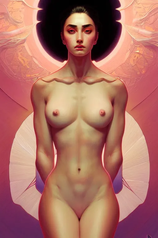 Image similar to symmetry!! intense fanart of 4 / 4 full front pose of a young sensual moon goddess, protagonist, intricate, elegant, highly detailed, my rendition, digital painting, artstation, concept art, perfect, smooth, sharp focus, illustration, art by artgerm, kilian eng, greg rutkowski and alphonse mucha