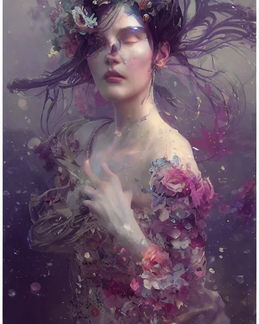 Image similar to 4k cinematic full view ethereal elysian female wearing intricate Floralpunk attire by Ruan Jia by Greg Rutkowski, art nouveau style, detailed and realistic, poetic and symbolic, Artstation