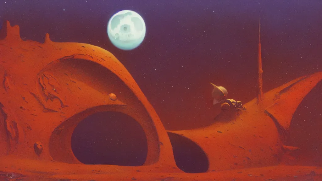 Image similar to mysterious whimsical sculpture of an alien crescent moon by paul lehr and john schoenherr and john harris, cinematic matte painting
