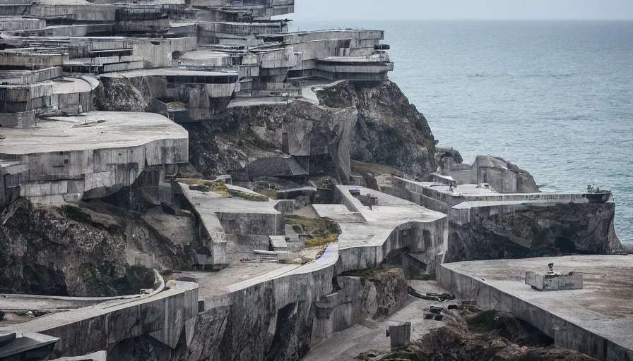 Image similar to coastal perched on a cliff overlooking a magnificient bay, brutalist imperial military base, drawing architecture, ultra very long shot, top angle, imperial architecture in rogue one, pritzker architecture prize, brutalism architecture, jan urschel, greig fraser